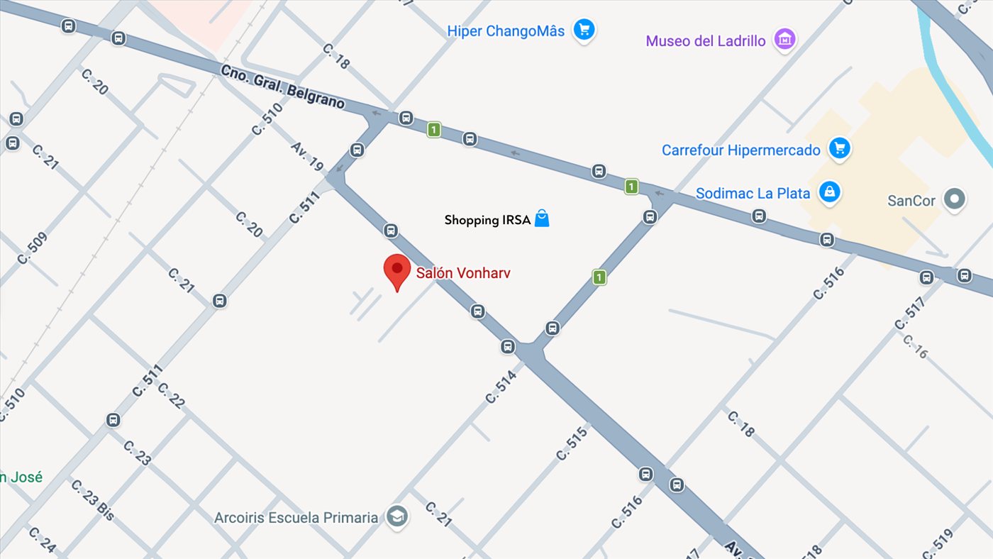 Mapa de ubicación del salón Vonharv en Gonnet, La Plata, cerca del Shopping IRSA
